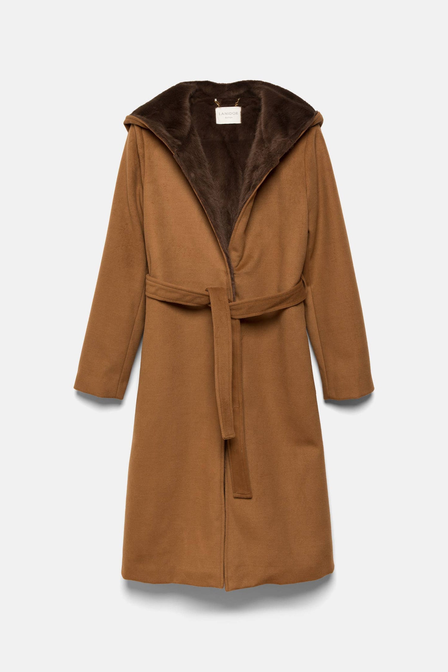 Cappotto con cappuccio in pelliccia sintetica e cintura