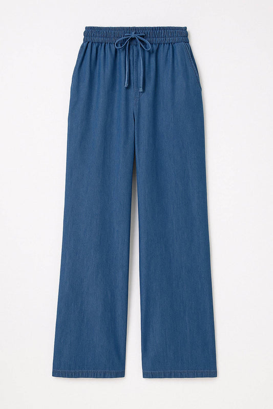 Pantaloni a gamba larga effetto denim con coulisse