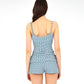 Top arricciato in jersey blu con scollo a cuore