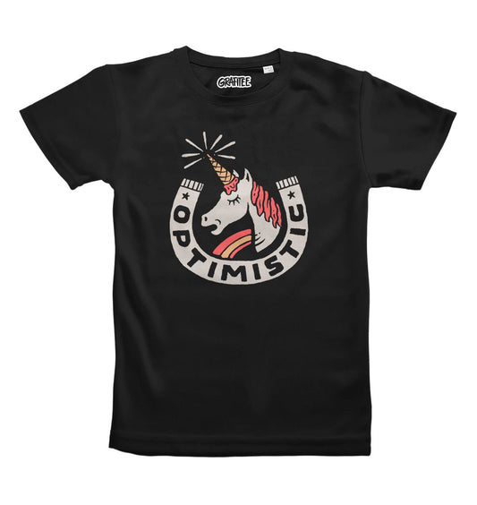 T-shirt unisex Optimistic con grafica unicorno