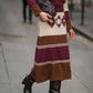 Gonna midi in maglia a righe bordeaux e marrone