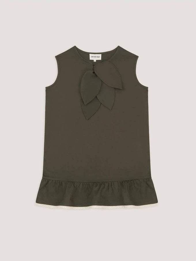 Abito mini senza maniche verde edera con fiocchi