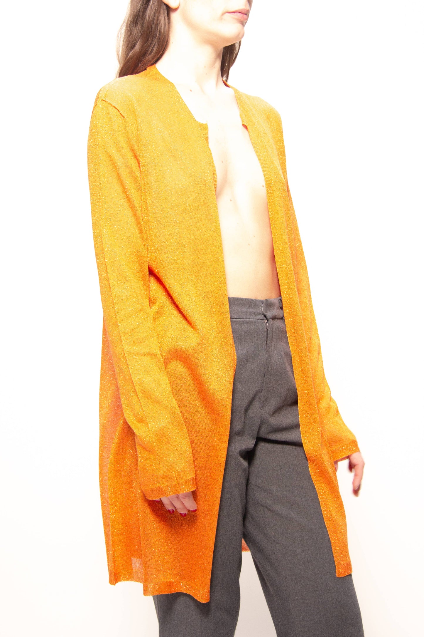 Cardigan lungo in lamé glitterato a maglia 3D