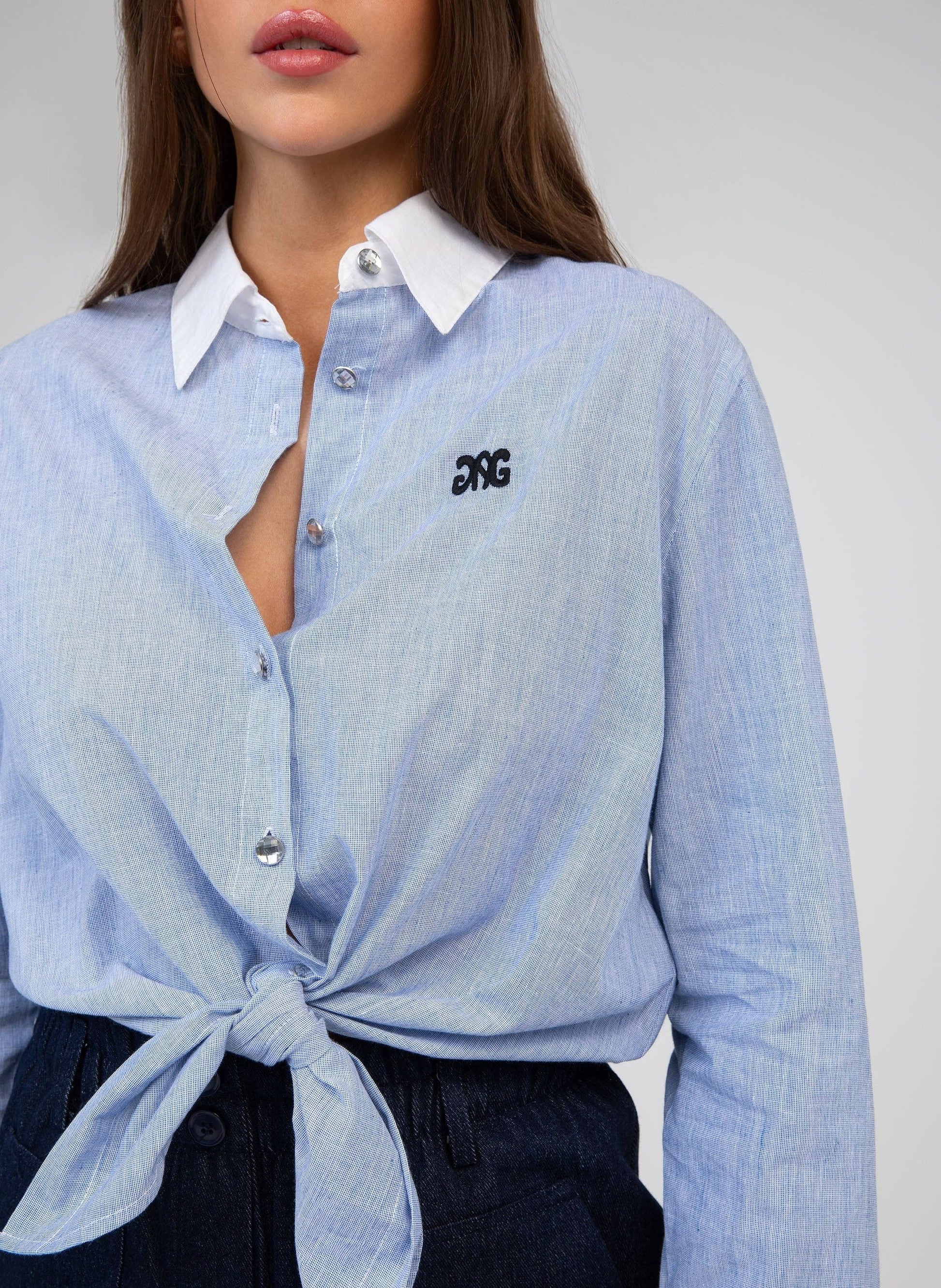 Camicia Senora blu in popeline di cotone con nodo