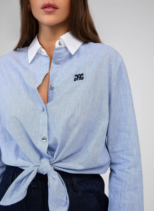 Camicia Senora blu in popeline di cotone con nodo