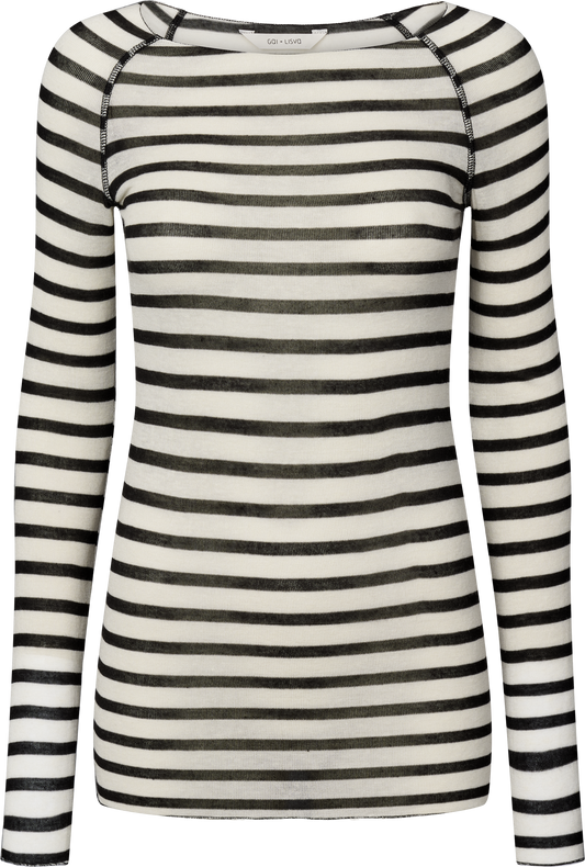 Maglia Amalie a righe marinare in lana e viscosa ecrù/nero