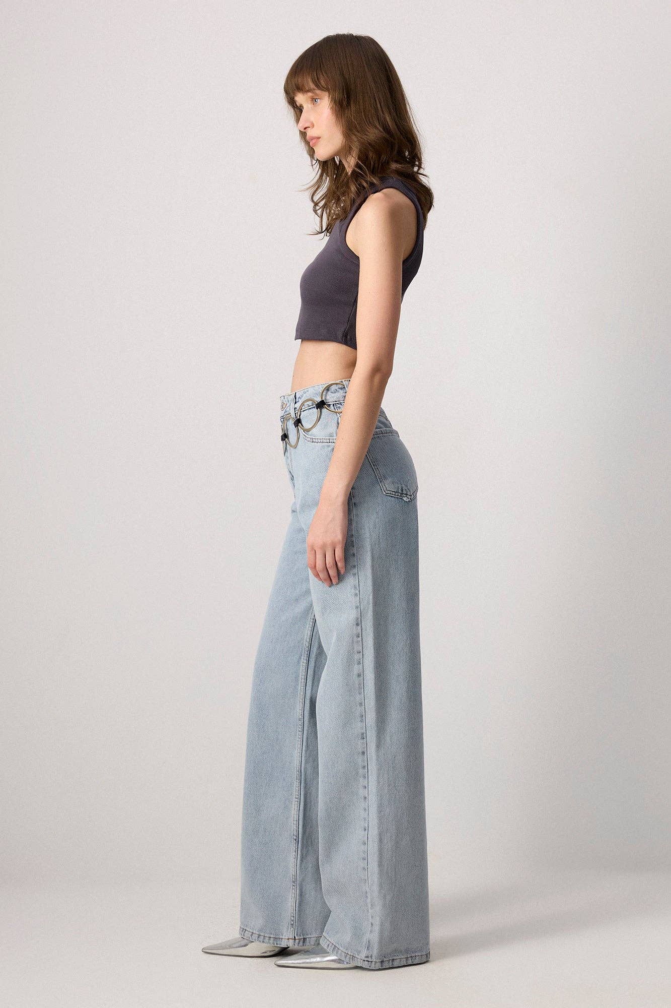 Top crop a coste in cotone antracite