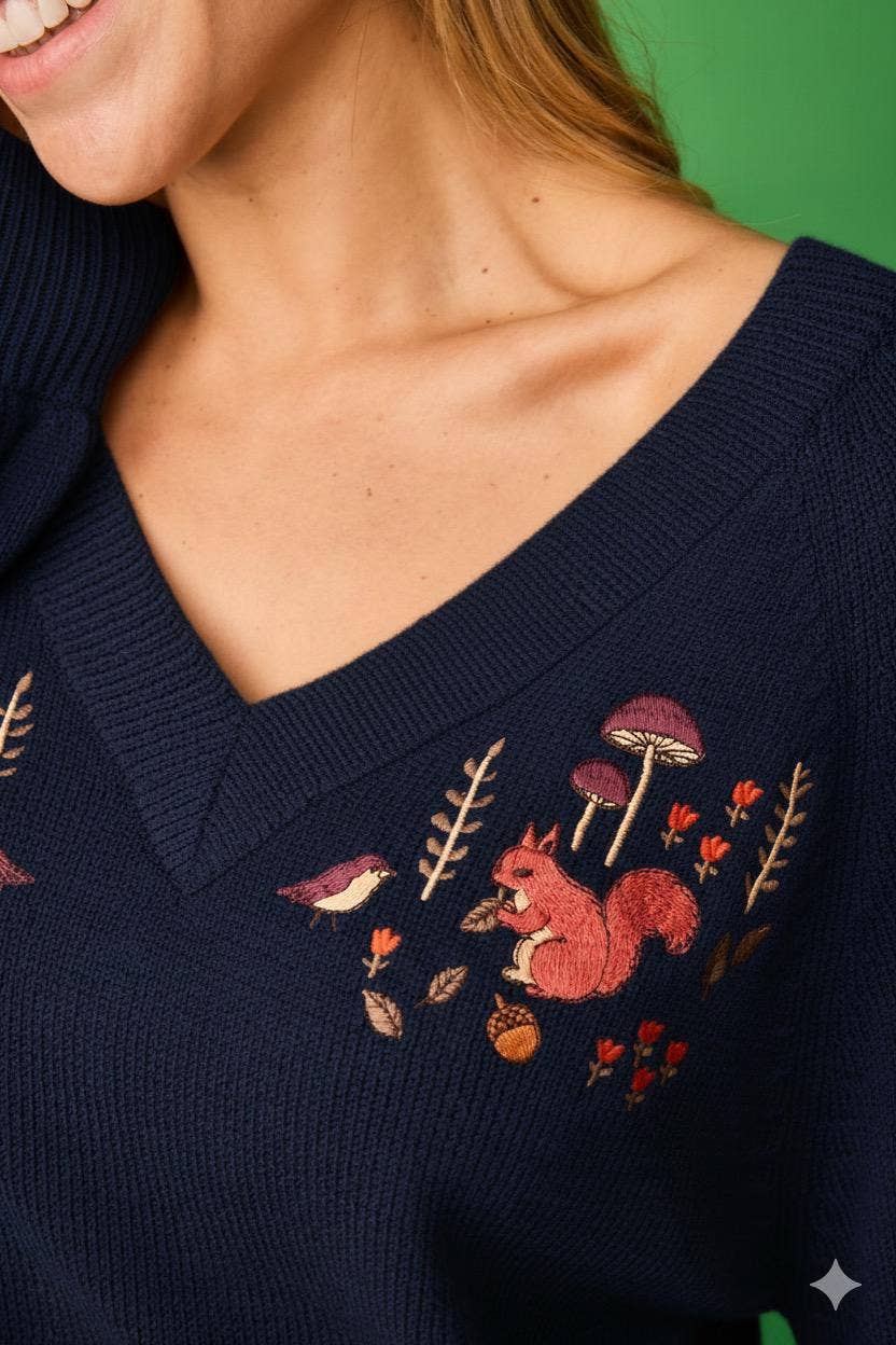 Maglia blu scollo a V con ricamo bosco