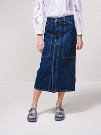 Gonna midi in denim con bottoni frontali