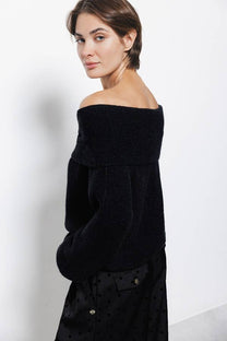 Maglione a maglia con cappuccio e scollo Bardot