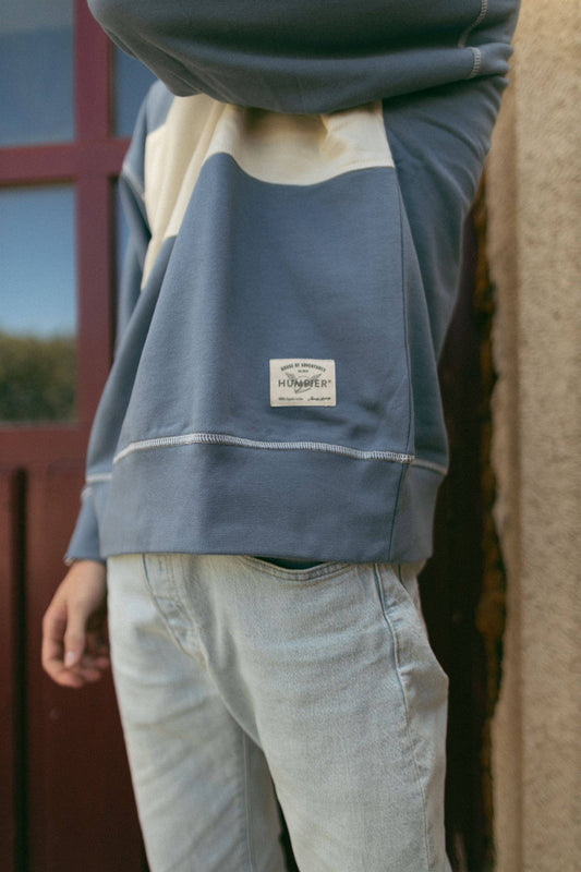 Felpa girocollo old school bicolor blu e beige