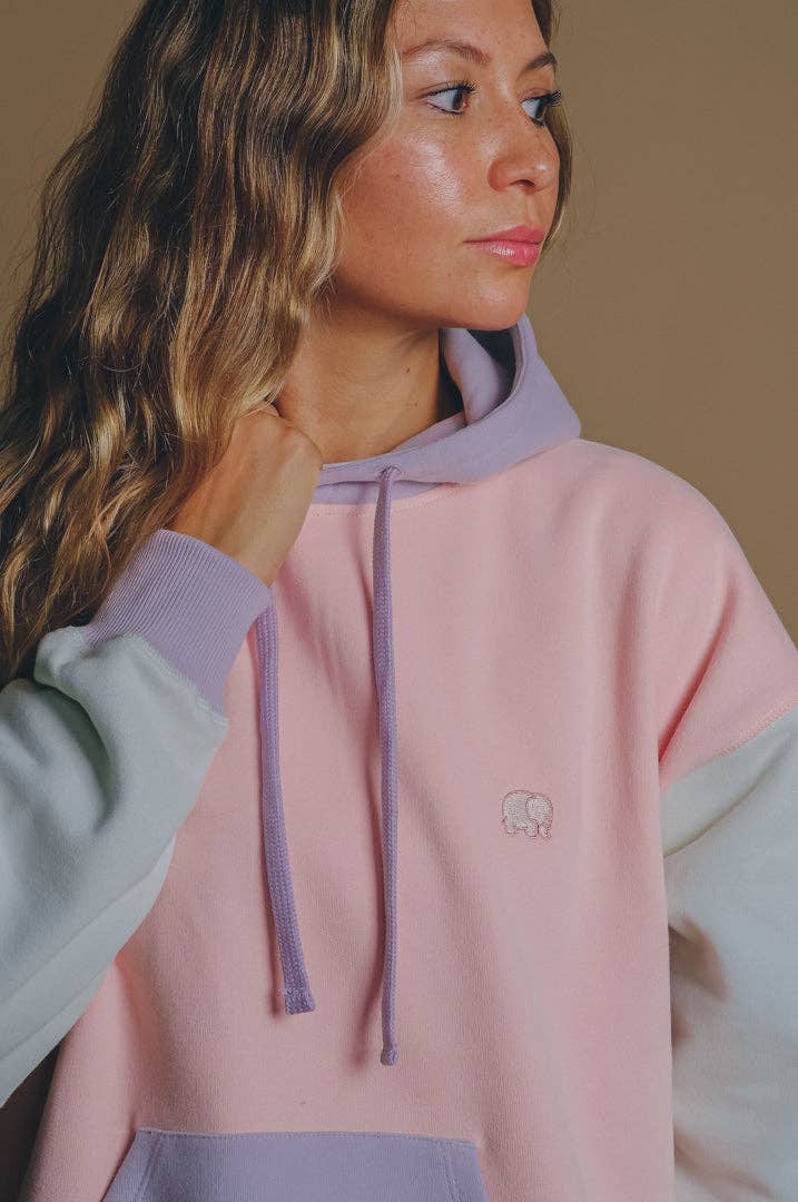 Felpa oversize donna color block rosa con cappuccio