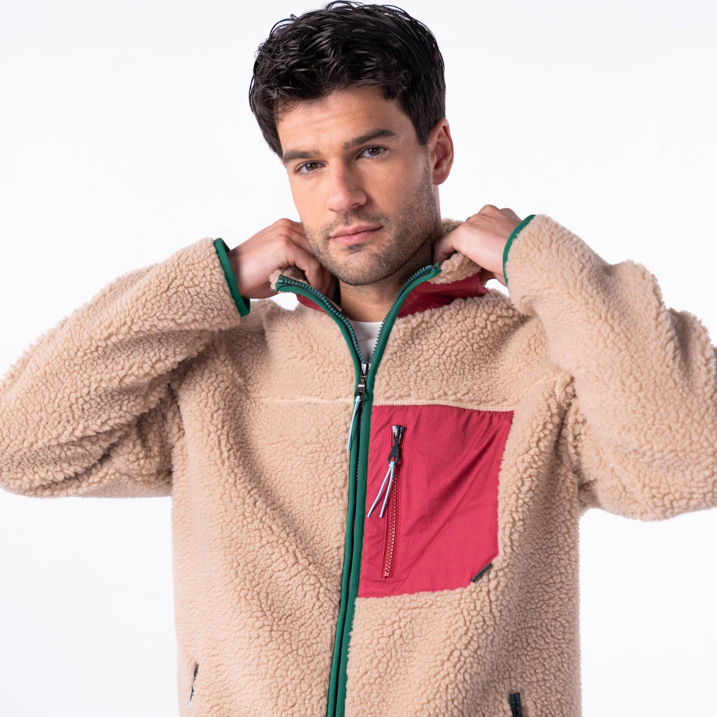 Giacca sherpa unisex con zip beige e bordeaux