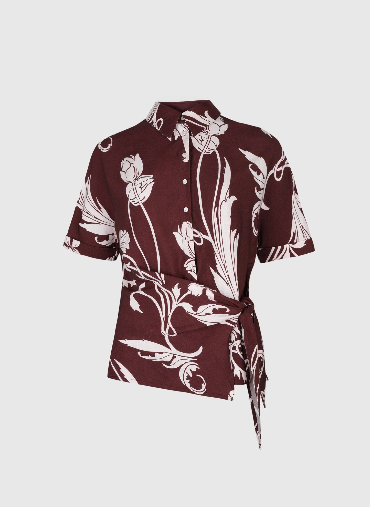Camicia Kavy bordeaux a stampa floreale con nodo laterale