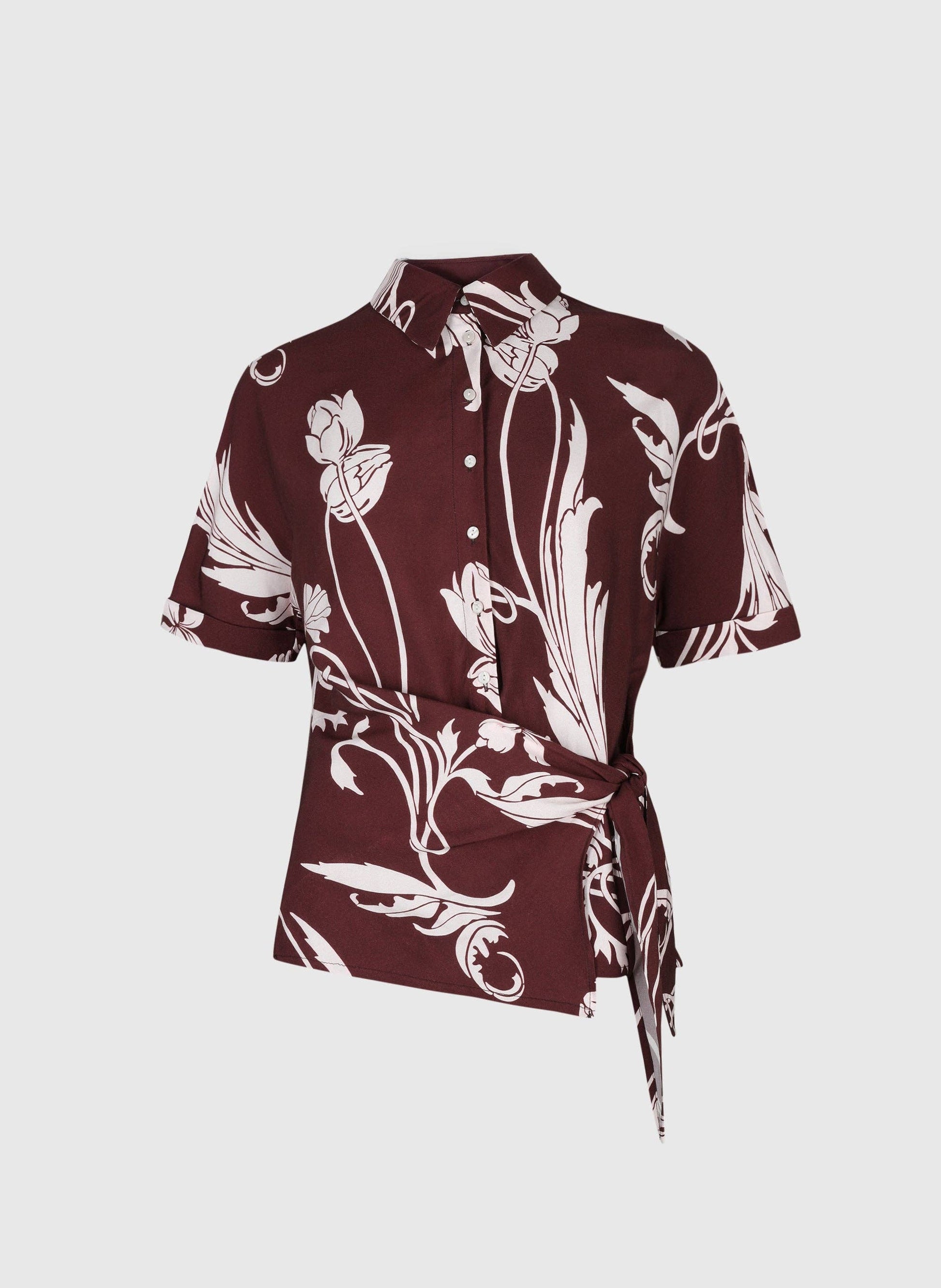 Camicia Kavy bordeaux a stampa floreale con nodo laterale