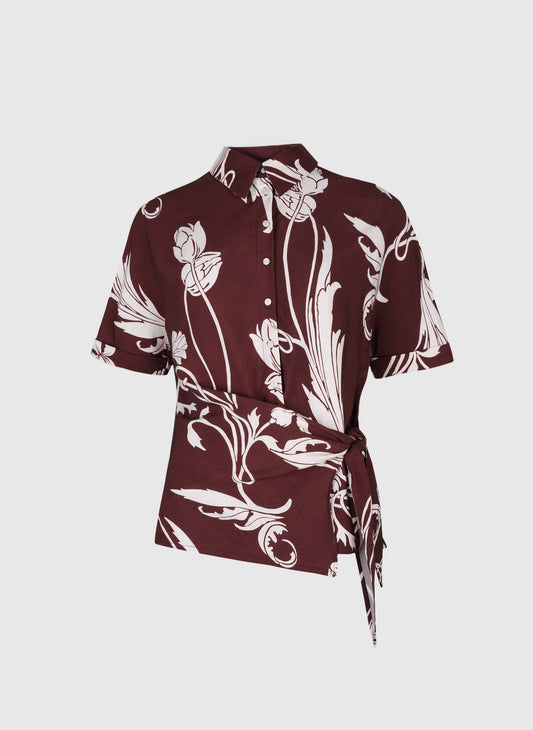 Camicia Kavy bordeaux a stampa floreale con nodo laterale