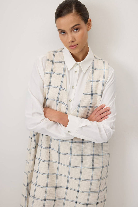 Abito gilet lungo in tweed a quadri con scollo a V