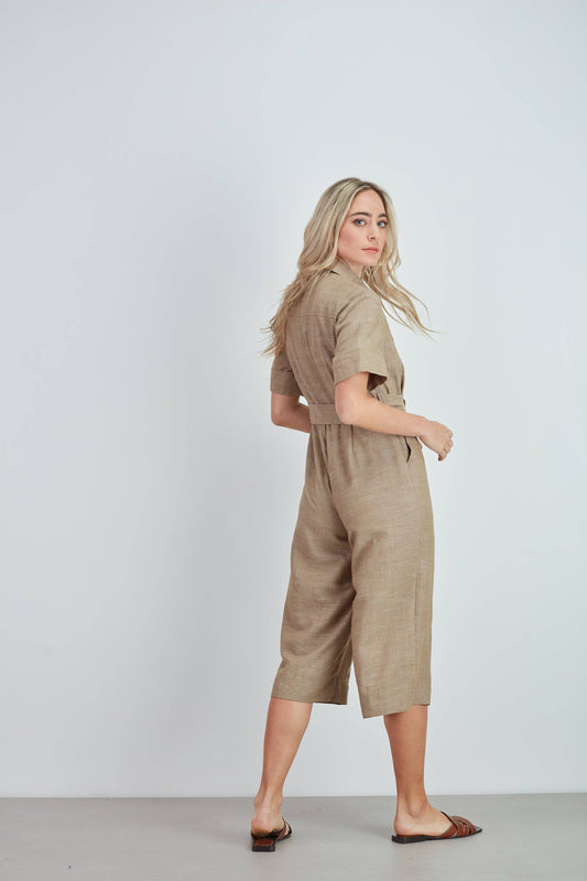 Tuta jumpsuit in viscosa e lino con cintura