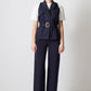 Completo donna in cotone blu navy con gilet con cintura e pantaloni palazzo