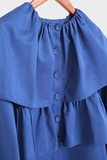 Blusa corta indaco con balze e maniche a sbuffo in cotone misto