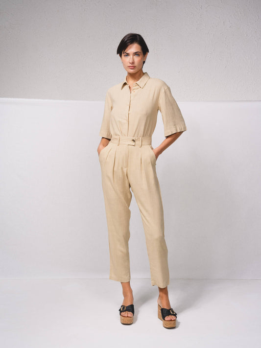 Pantaloni a vita alta in misto lino con pinces
