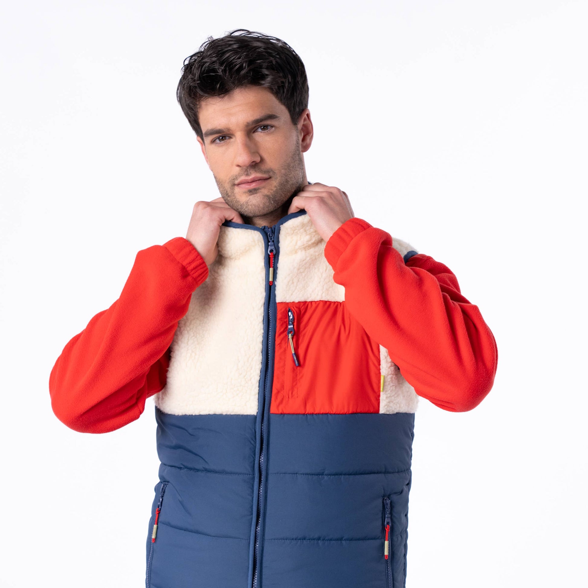 Gilet smanicato sherpa color block avorio e blu navy