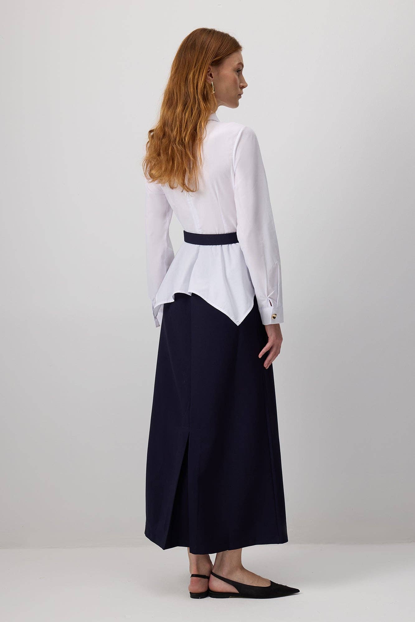 Abito camicia bicolore con cintura e peplo in misto cotone