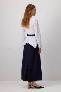 Abito camicia bicolore con cintura e peplo in misto cotone