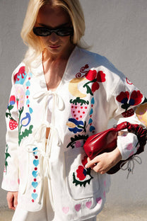 Giacca kimono in gabardine con ricami folk
