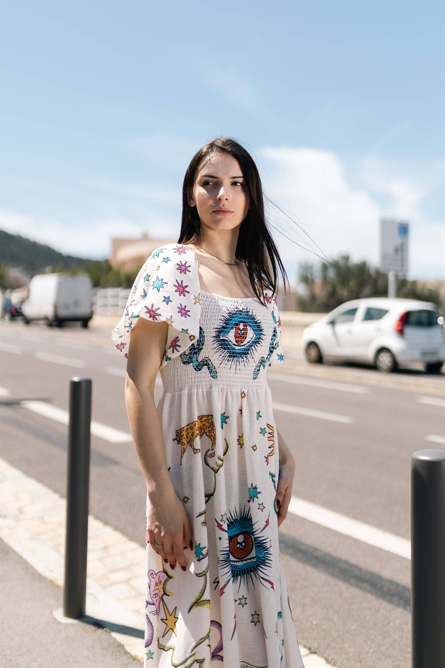 Abito lungo boho stampato con maniche a palloncino