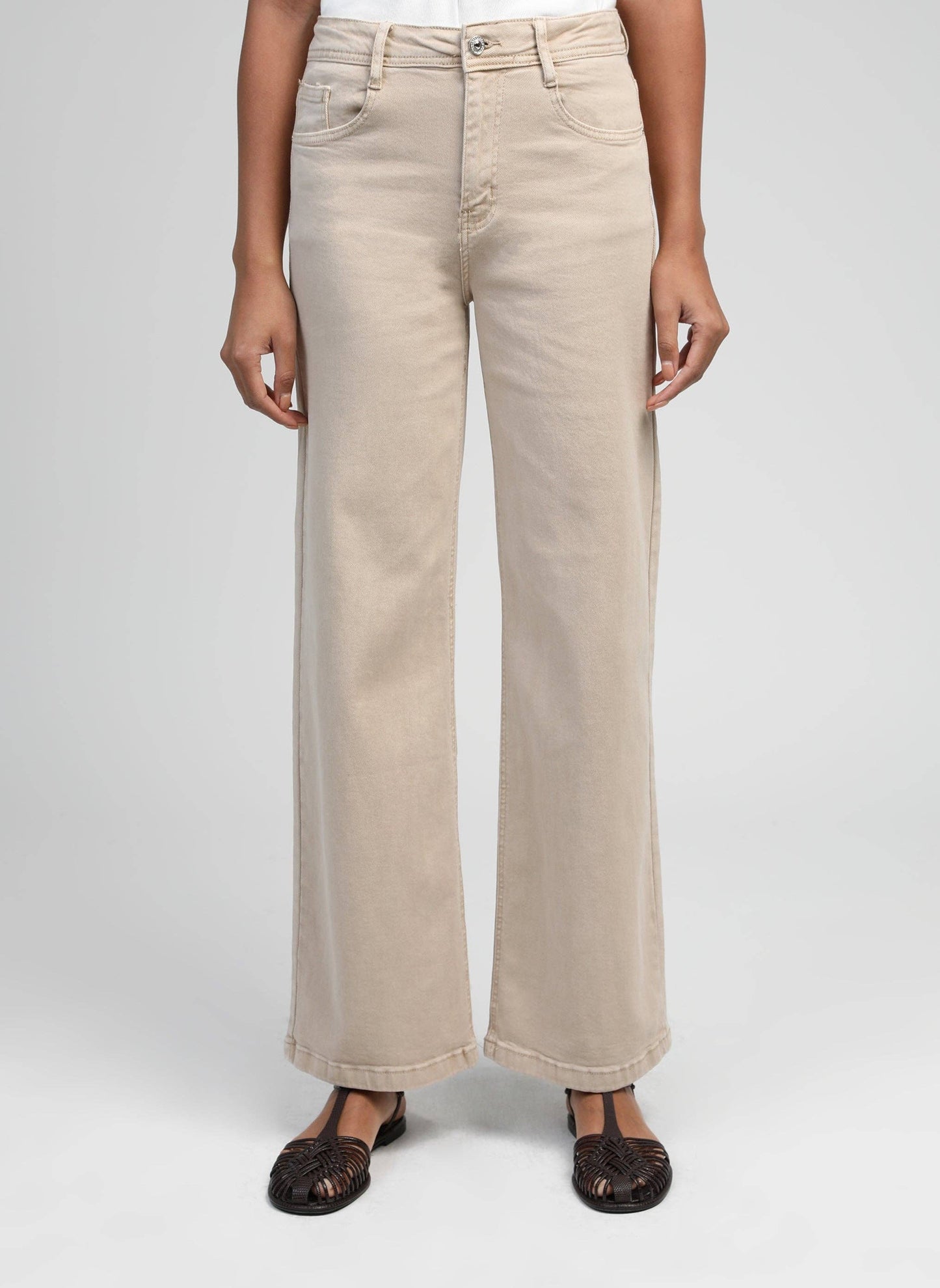 Jeans beige a vita alta a gamba dritta