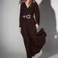 Abito lungo nero in lurex con scollo a V e cintura