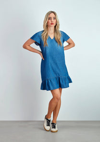 Abito corto in denim con volant