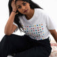T-shirt unisex bianca con stampa a pois multicolore