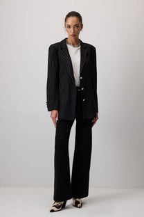 Blazer gessato nero con bottoni metallici