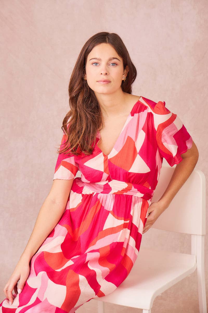 Vestito midi ELIAN con stampa astratta e scollo a V