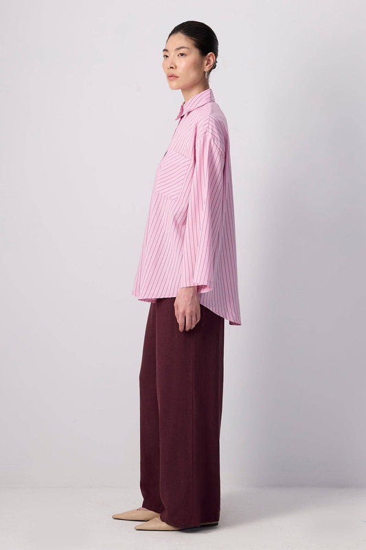 Camicia popover relaxed a righe rosa con tasca
