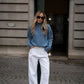 Pantaloni in twill bianchi a gamba ampia con coulisse