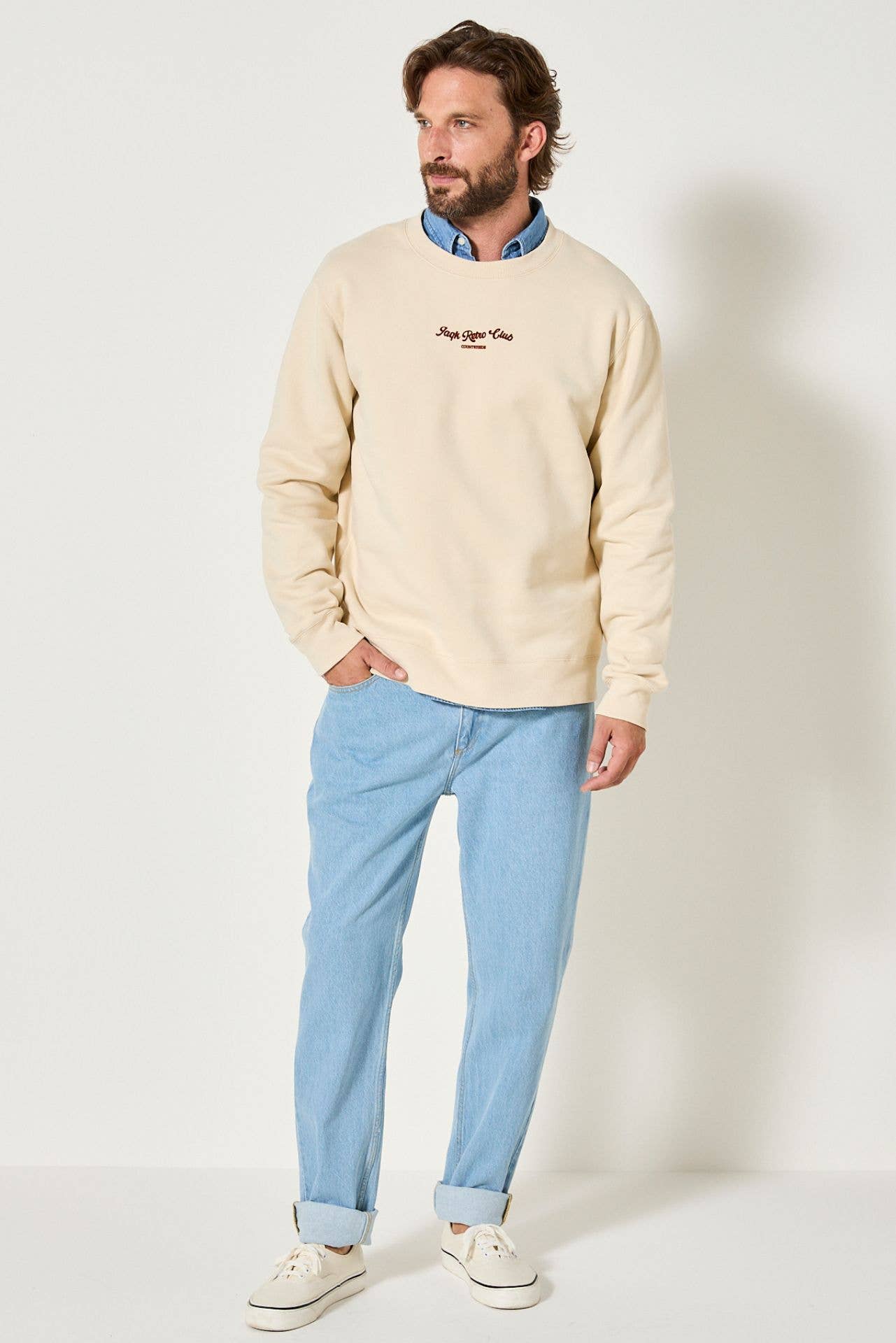 Felpa rétro beige in cotone con ricamo