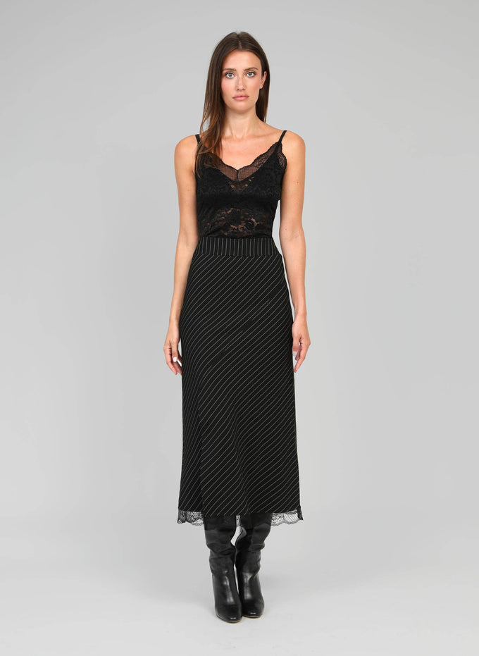 Gonna midi Juliane nera a righe con bordo in pizzo