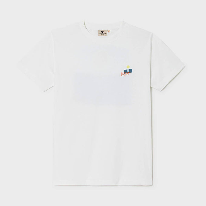 T-shirt vintage in cotone biologico con stampa tramonto bianca