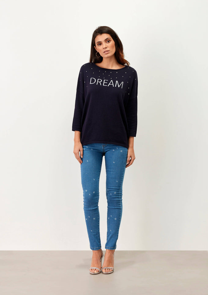 Maglia blu navy con scritta Dream e applicazioni
