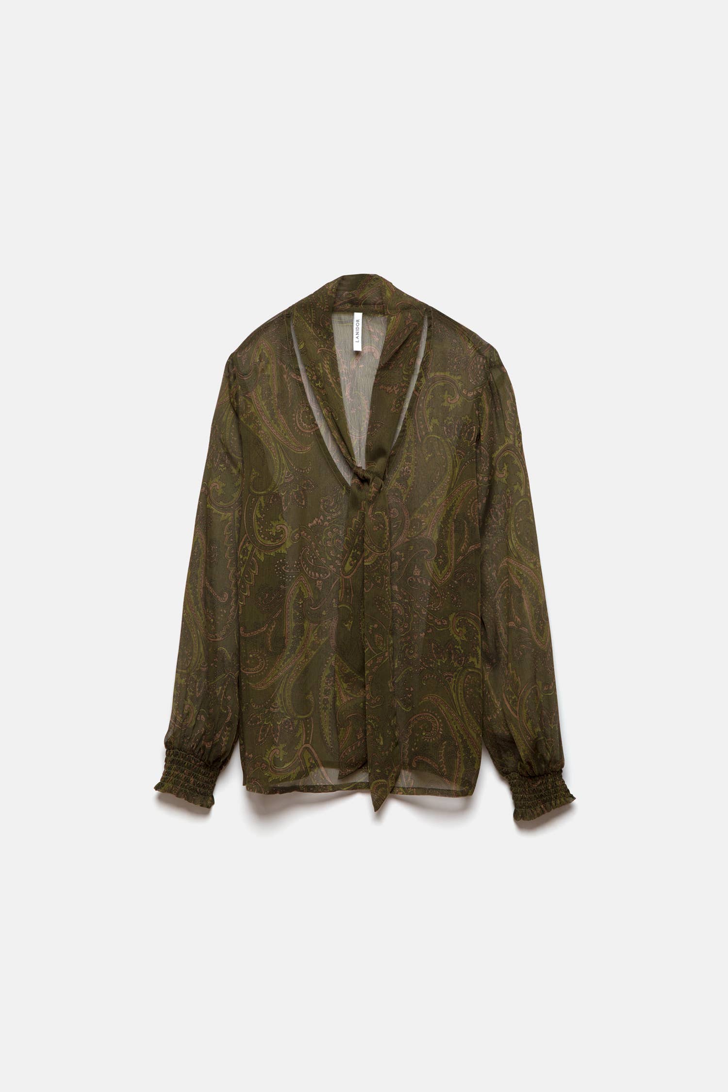 Blusa semitrasparente stampata con laccio al collo