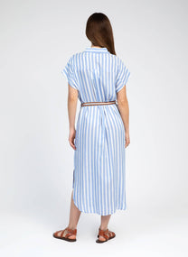 Abito chemisier midi a righe blu con ricami