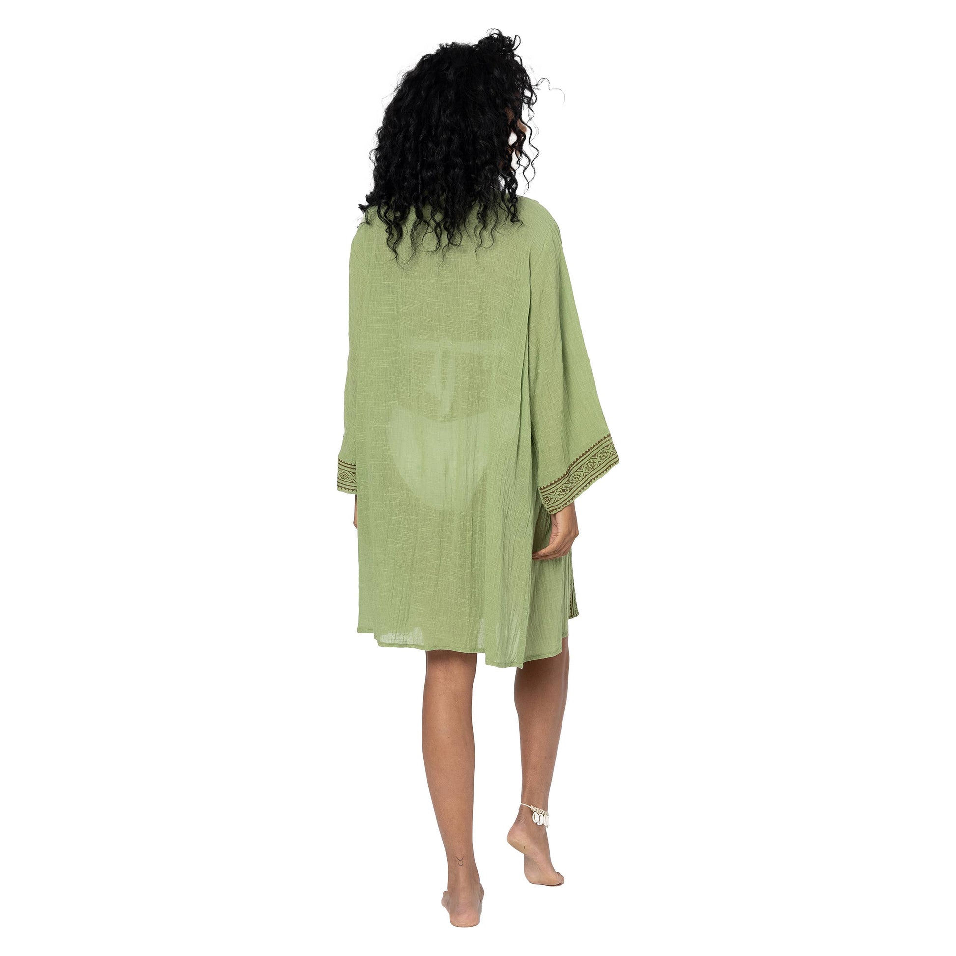 Kimono estivo verde midi in cotone con maniche 3/4 e cintura