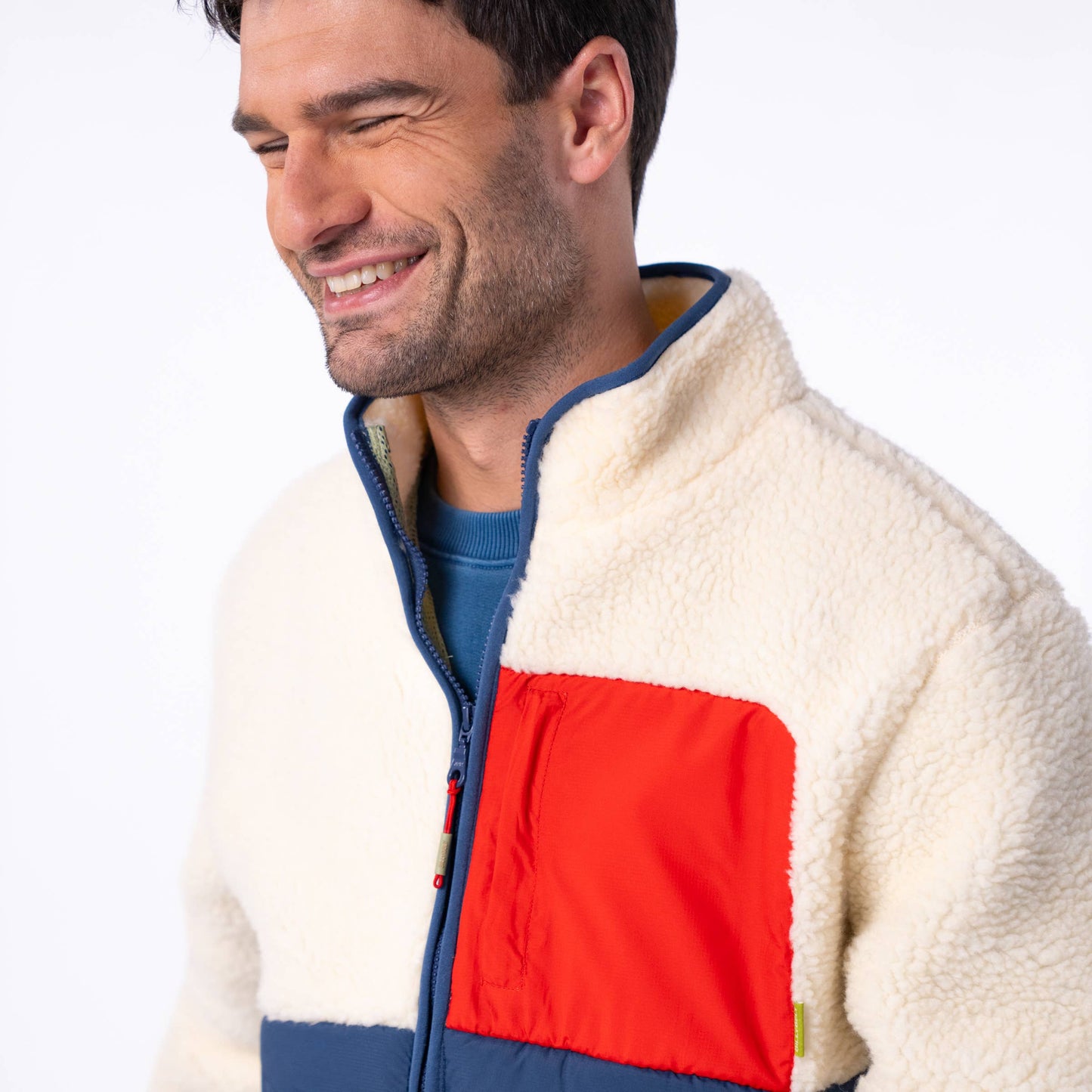 Giacca sherpa color block avorio e blu navy