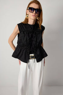 Gilet utility nero con coulisse in vita in misto cotone