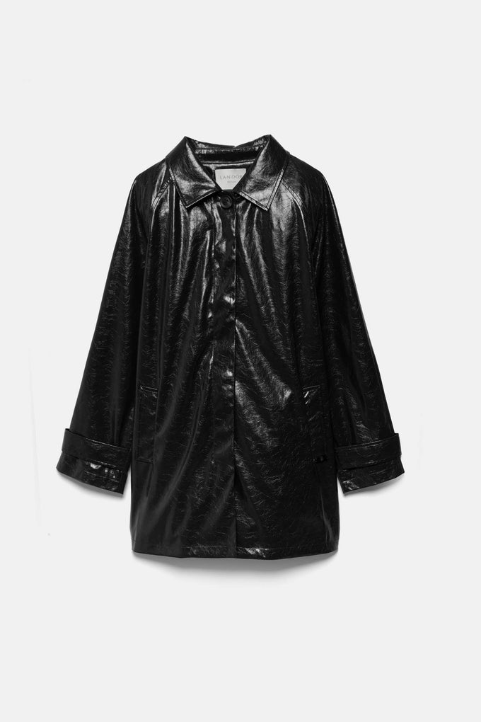 Trench coat effetto pelle nero lucido