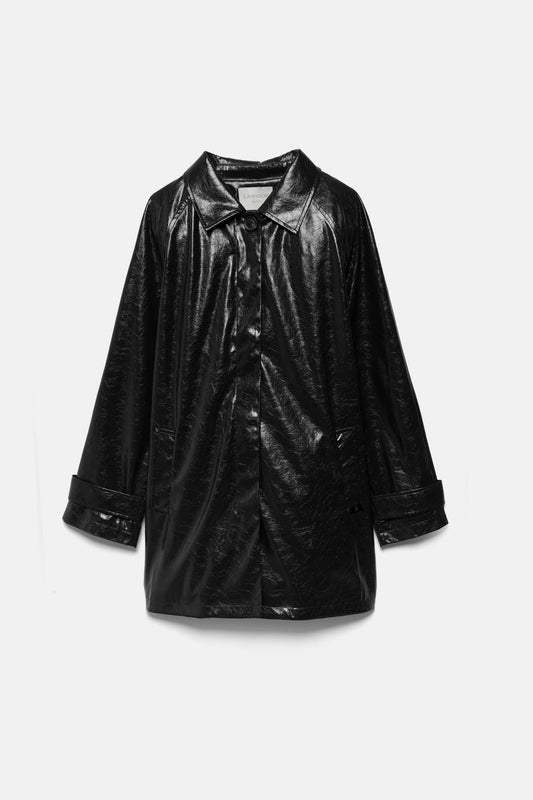 Trench coat effetto pelle nero lucido