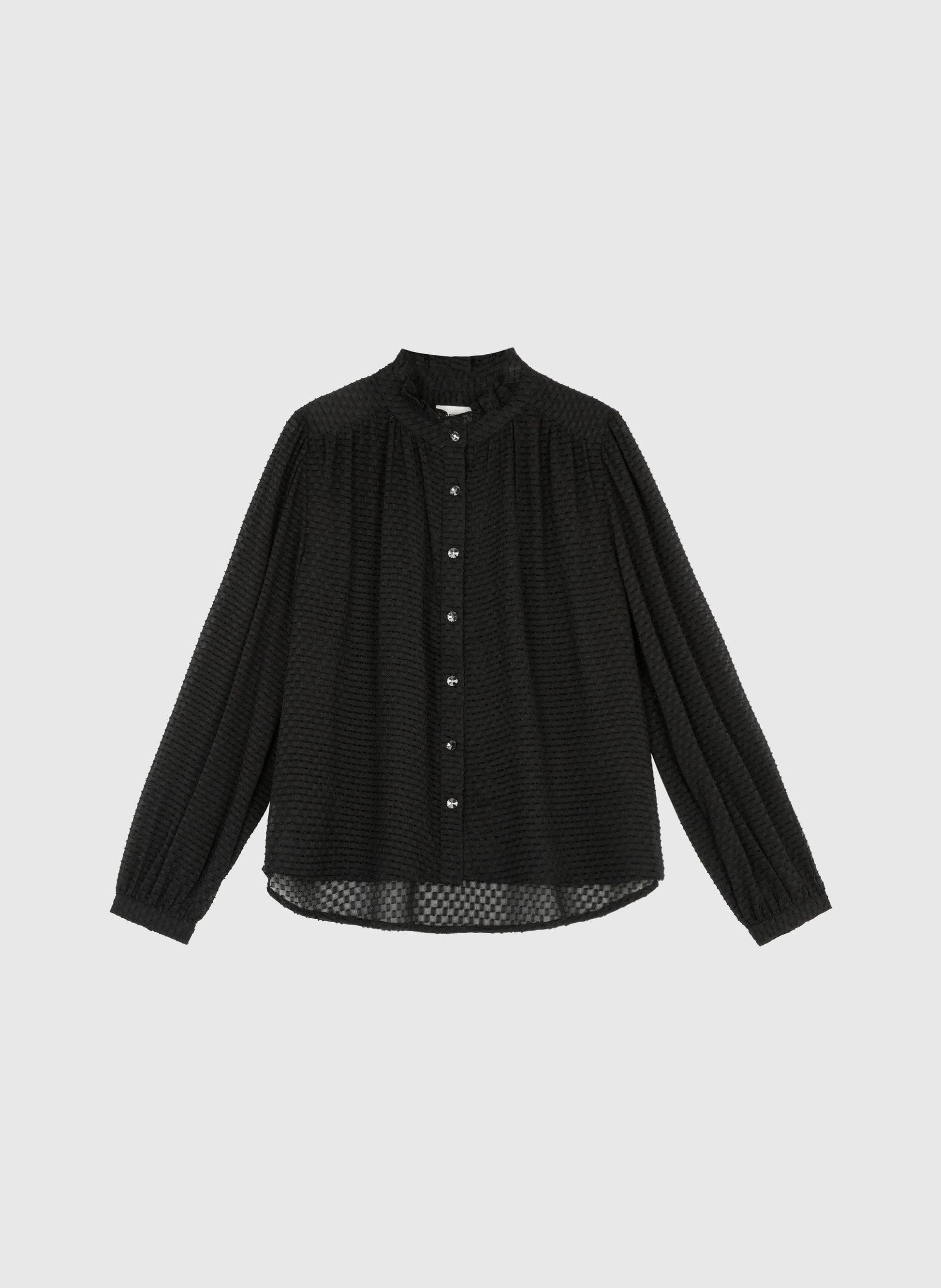Blusa nera testurizzata con collo alla coreana